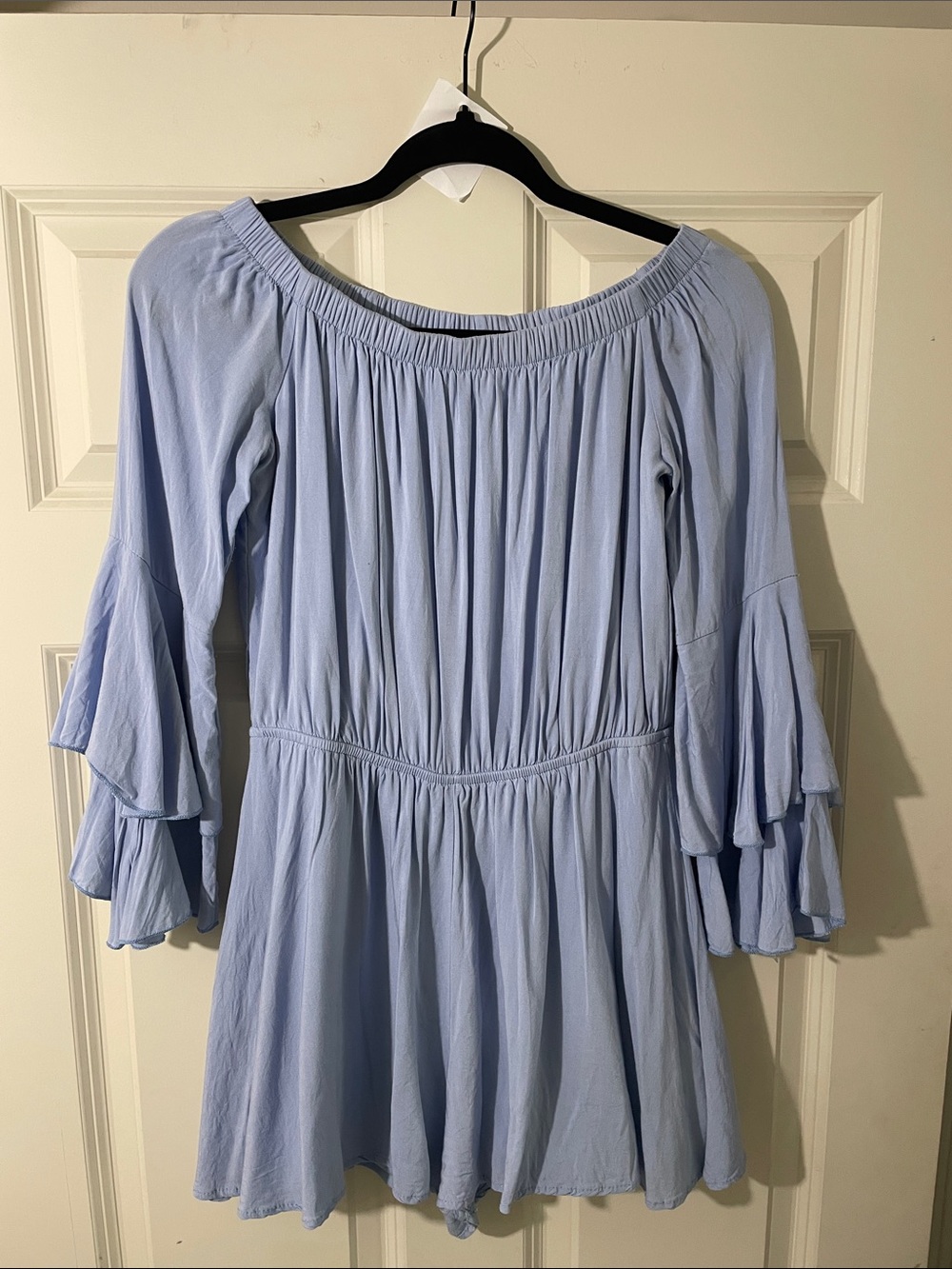 Altar'd State Light Blue Off-Shoulder Ruffle Sleeve Romper
